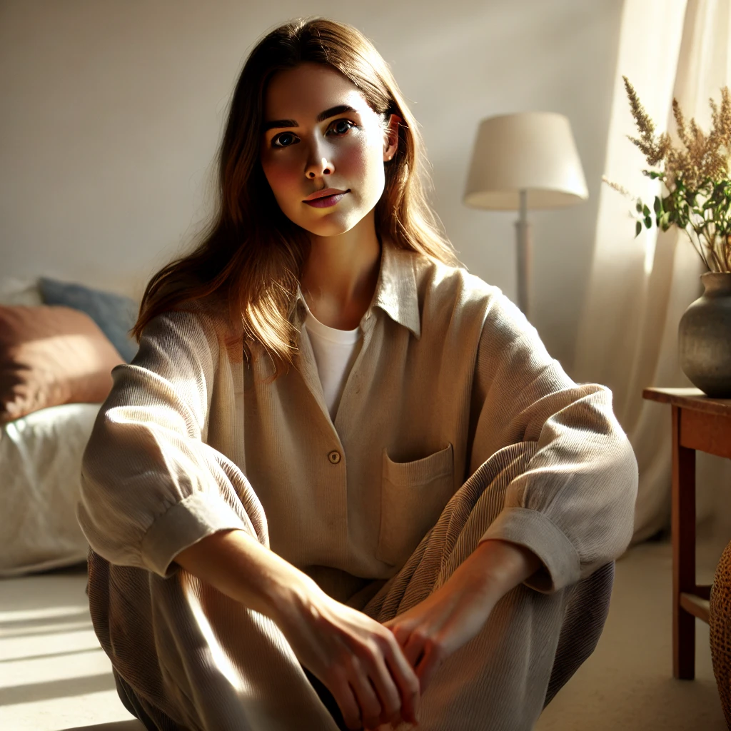 Jodean Bottom sitting in a minimalist room, light streaming through a window, expressing calm and simplicity in her quiet life.