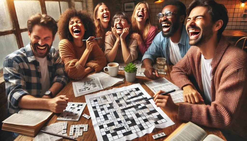 Group of friends sharing joyous laughter while solving the NYT crossword puzzle together